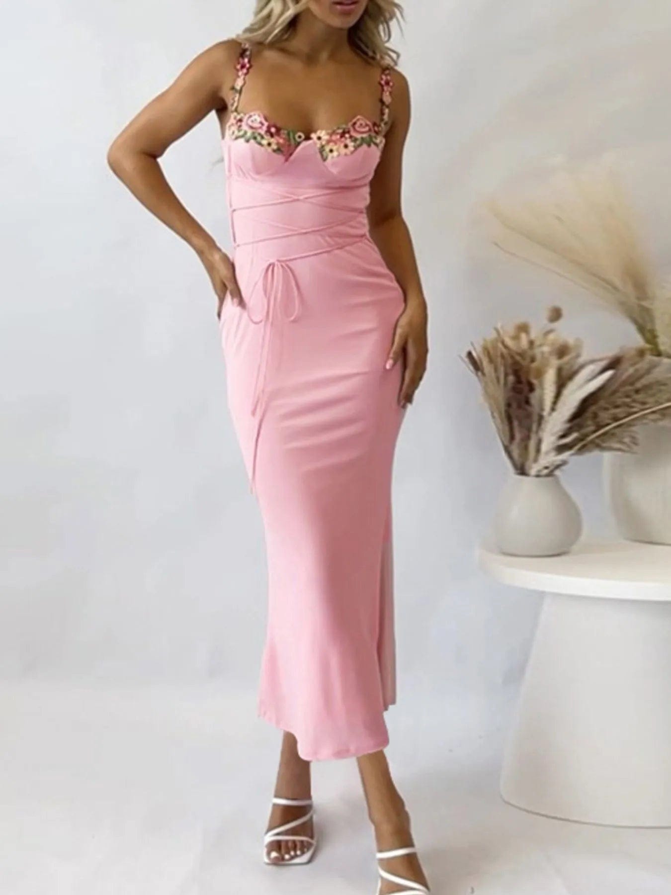 Floral Bodycon Dress with Tie Detail and Trim - Image 4
