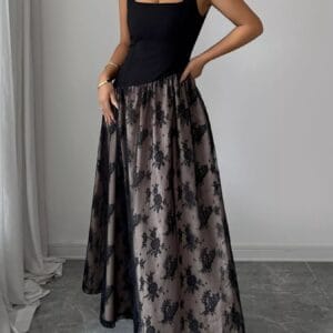 Square Neck Lace Maxi Dress - Elegant Sleeveless Design
