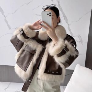 Fox Fur Leather Coat with Elegant Stitching