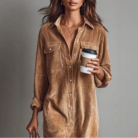 Women’s Mid-Length Brown Dress | Elegant Long Sleeve Commuter Style - Image 3