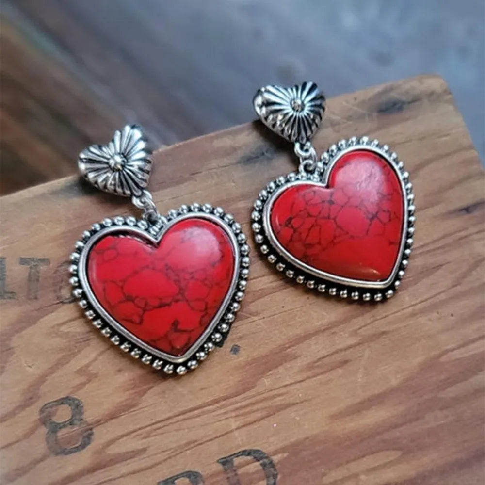 Valentines Day-Artificial Turquoise Alloy Heart Dangle Earrings - Image 4