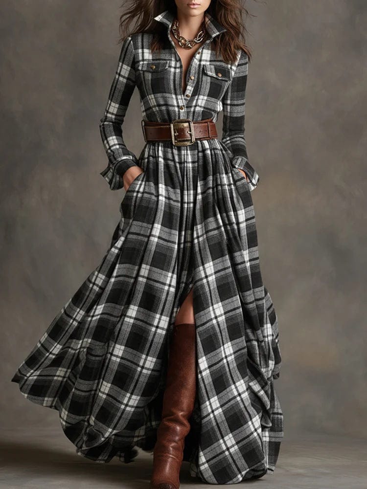 Women’s Plaid Stitching Dress – Mid-Waist Geometric Pattern Style - Image 4
