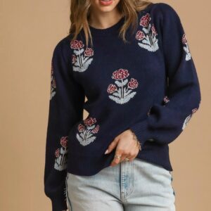 Floral Knit Sweater with Puff Sleeves - Stylish and Trendy Floral Sweater