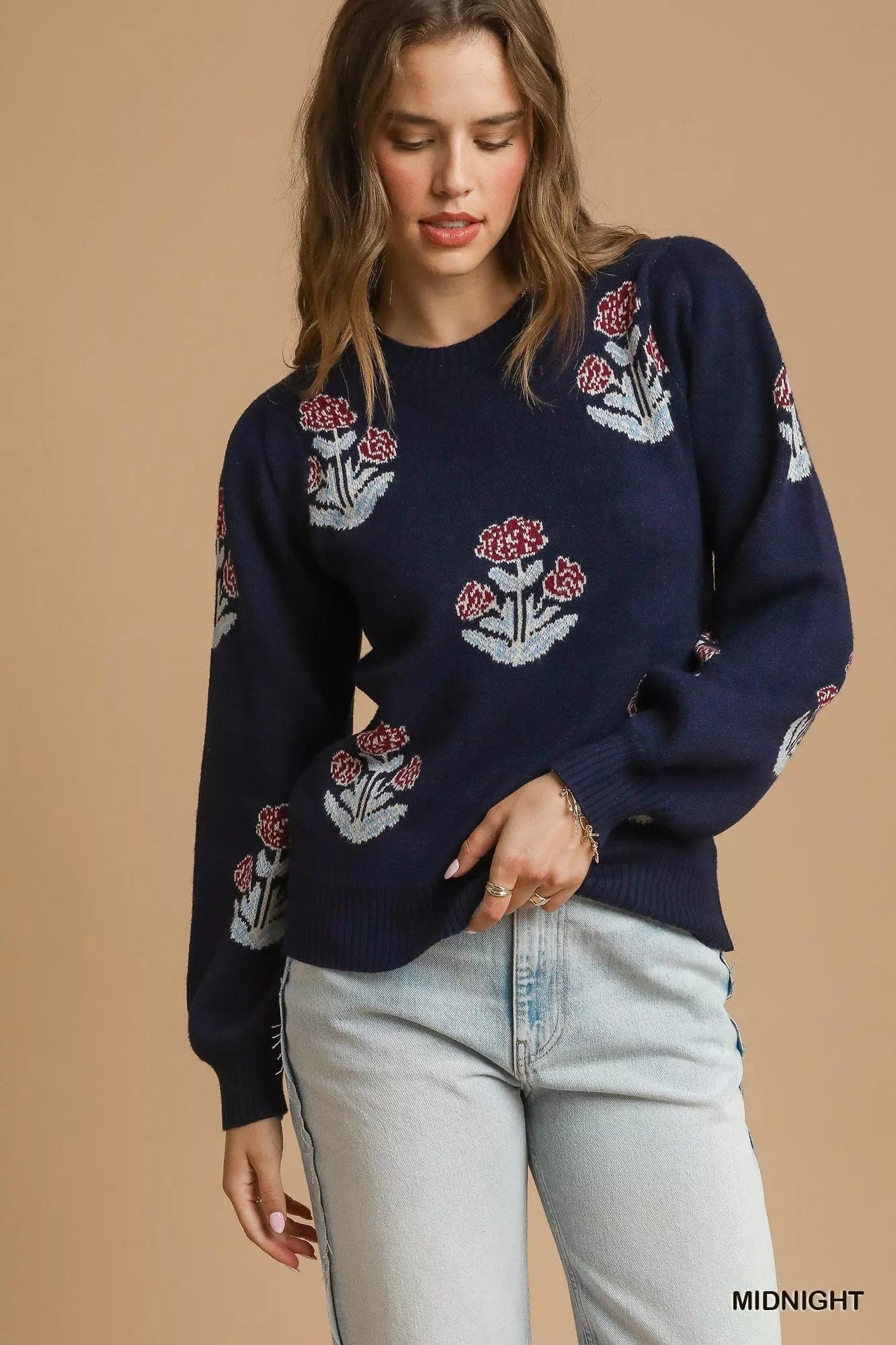 Floral Knit Sweater with Puff Sleeves - Stylish and Trendy Floral Sweater