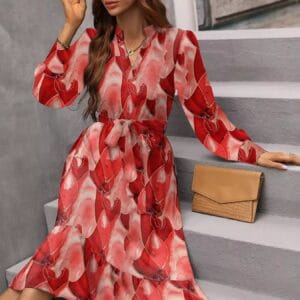 Notched Tie Waist Dress with Long Sleeves