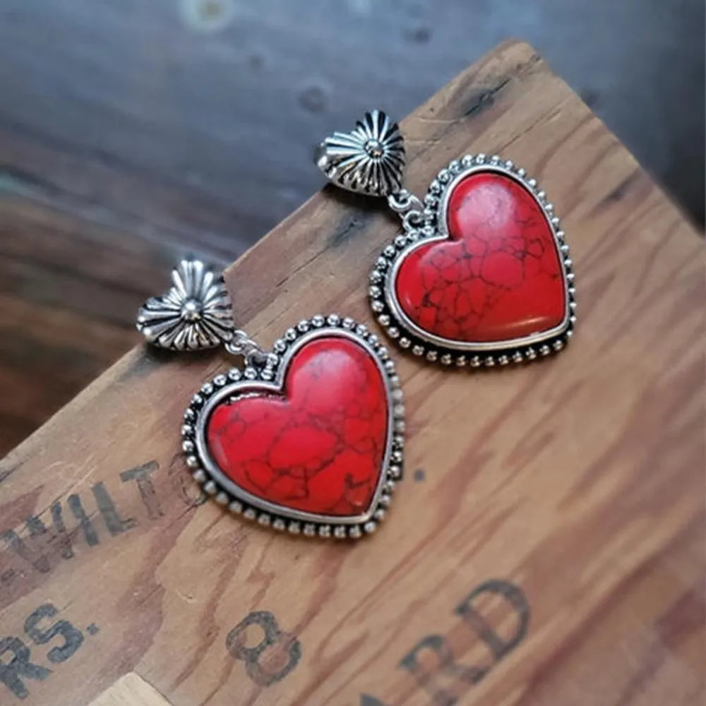 Valentines Day-Artificial Turquoise Alloy Heart Dangle Earrings - Image 3