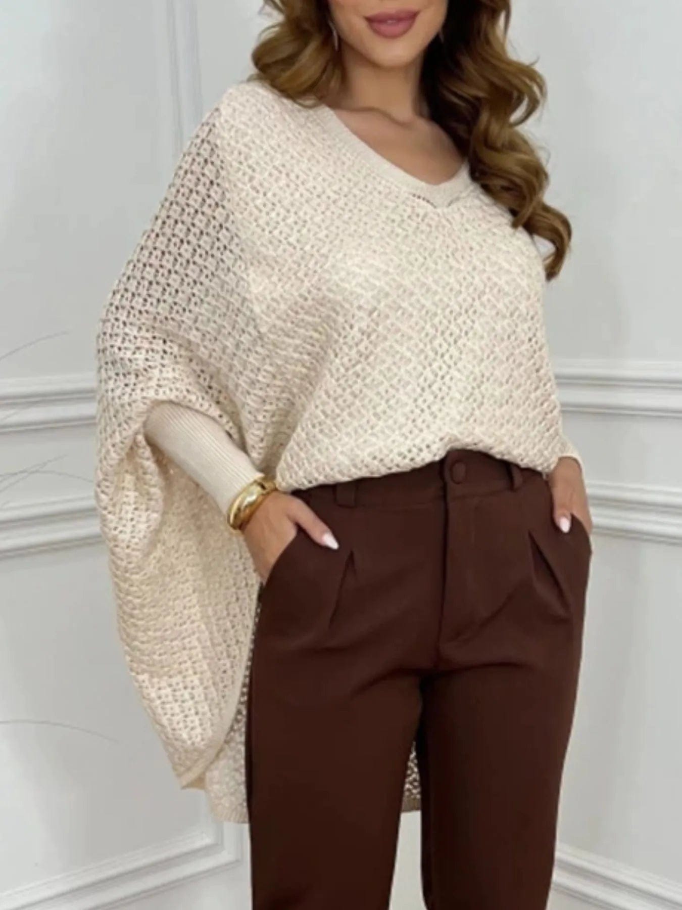 Crochet Oversized Sweater with V-Neck and Batwing Sleeves - Image 3