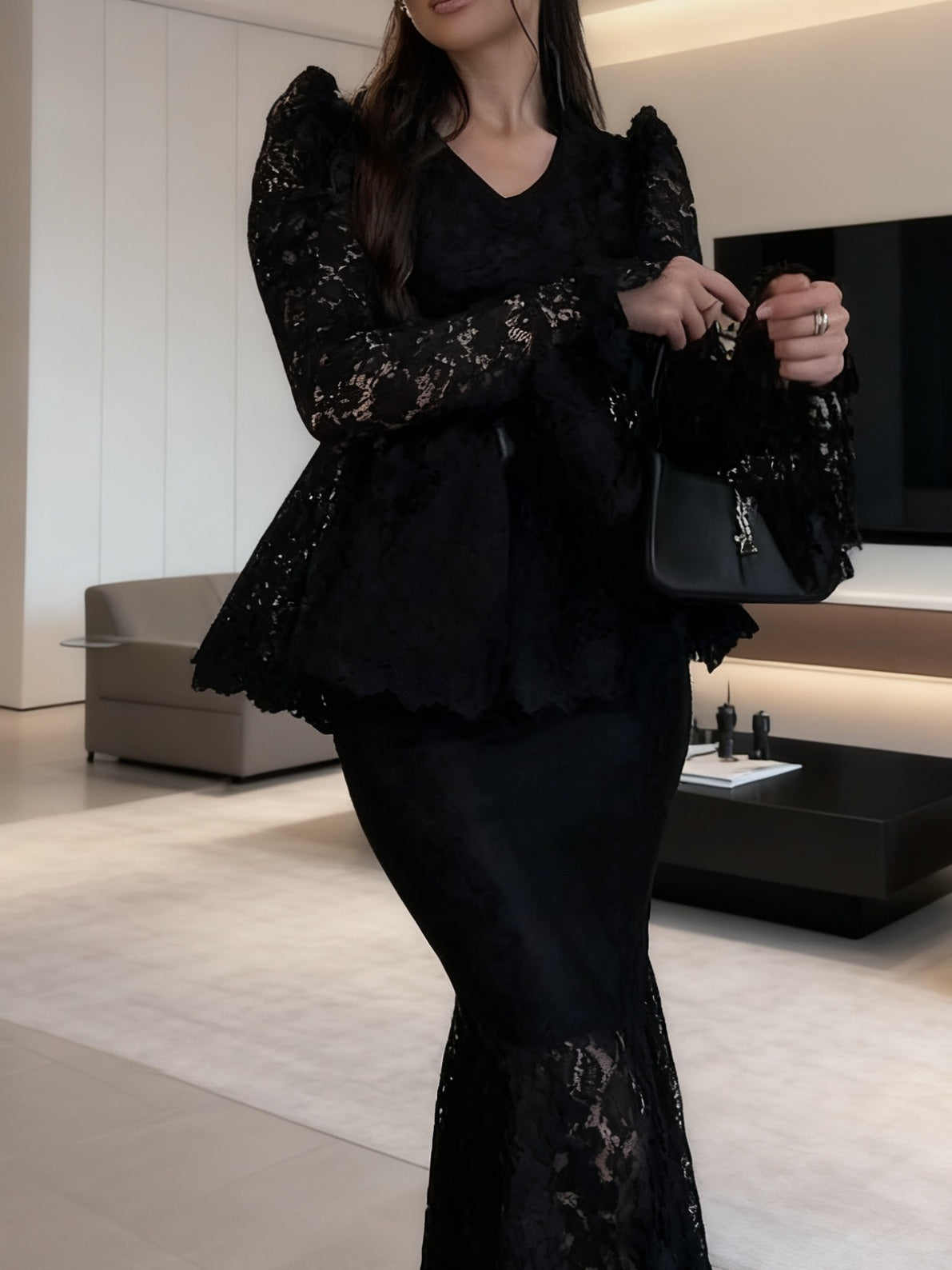 Glamorous Black Lace Peplum Top Set with Midi Skirt - Image 5