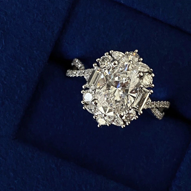 Luxury Oval Simulated Moissanite Ring – White Gold Plated Cluster Zircon Ring - Image 4