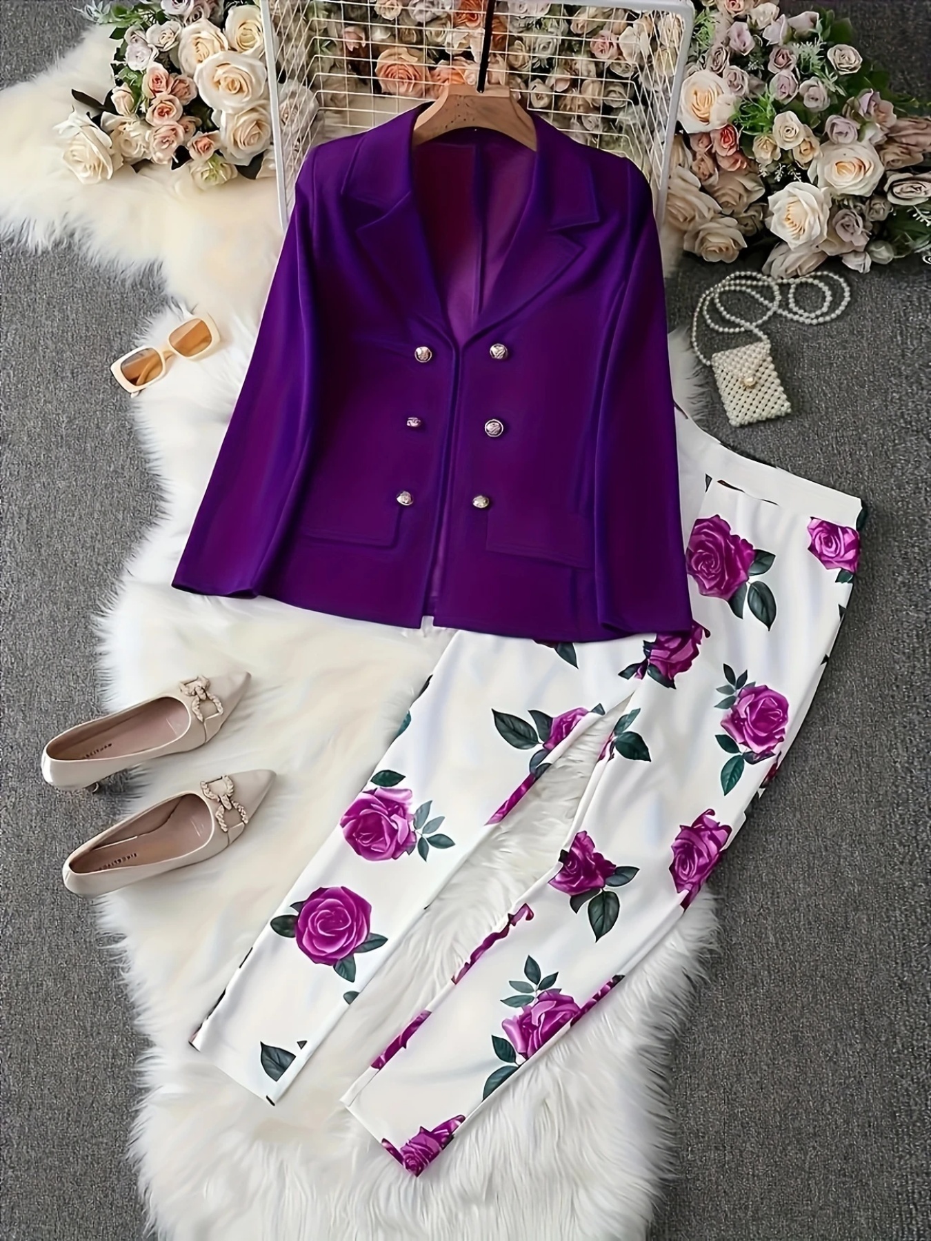 New Elegant And Fashionable Casual Floral Print Set, Double Breasted Purple Suit Jacket And Floral Print High Waisted Slim Pants, Spring And Autumn Women’s Clothing - Image 6