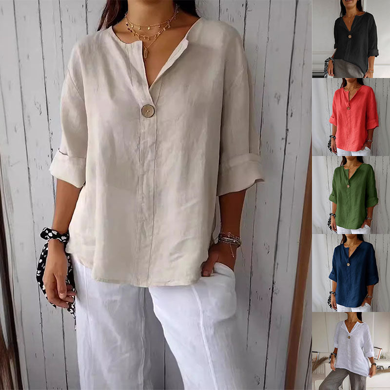 Women’s Cotton Linen Button Pullover Top – Casual Commuter Blouse
