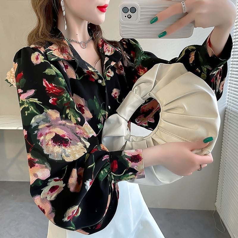 Chiffon Floral Blouse with Lantern Sleeves - Image 2
