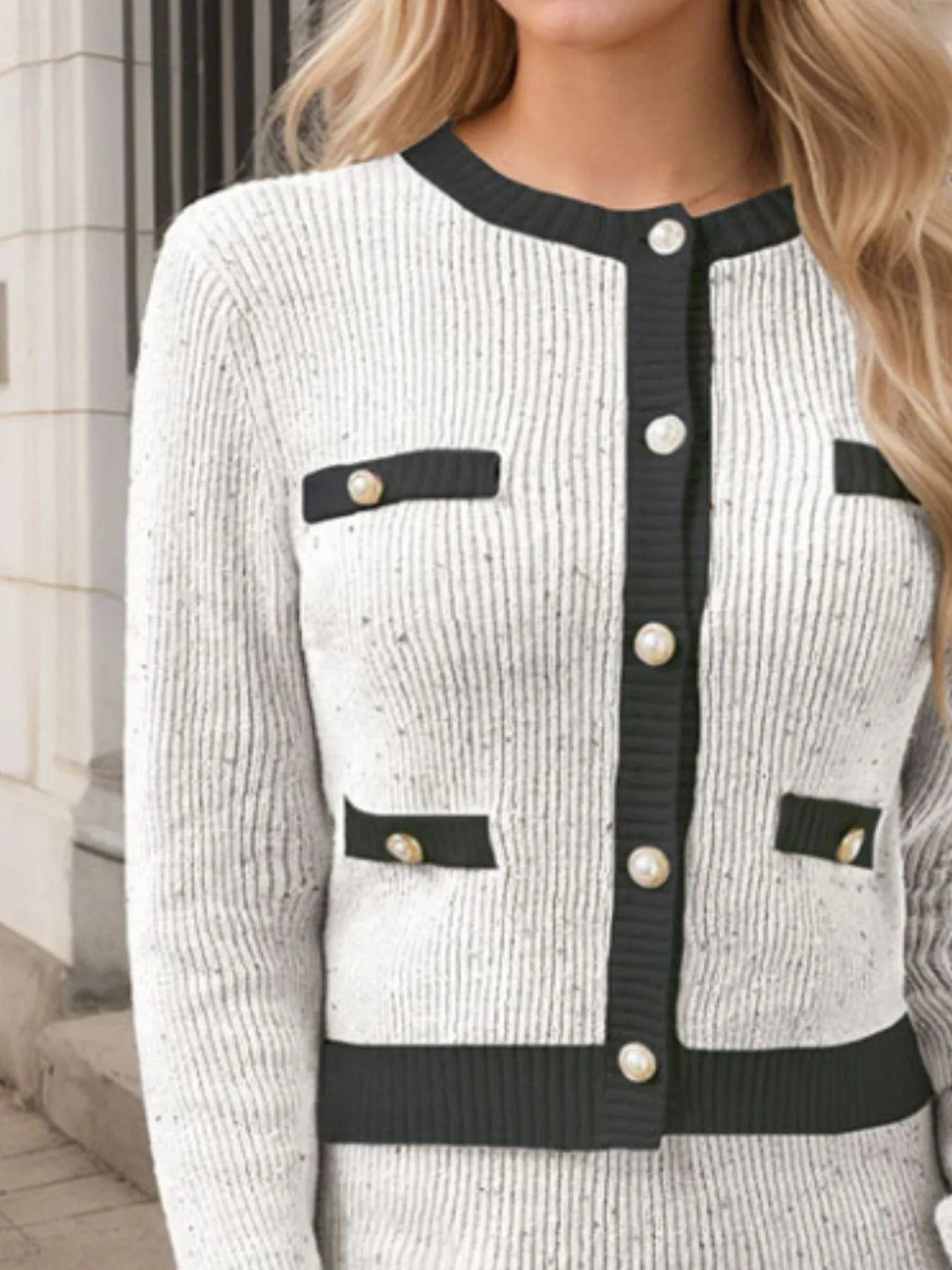Contrast Trim Ribbed Sweater Set - Top and Skirt Combo - Image 2