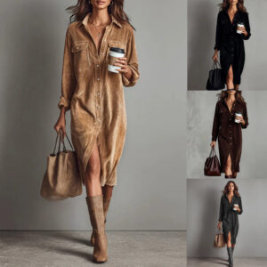 Women’s Mid-Length Brown Dress | Elegant Long Sleeve Commuter Style