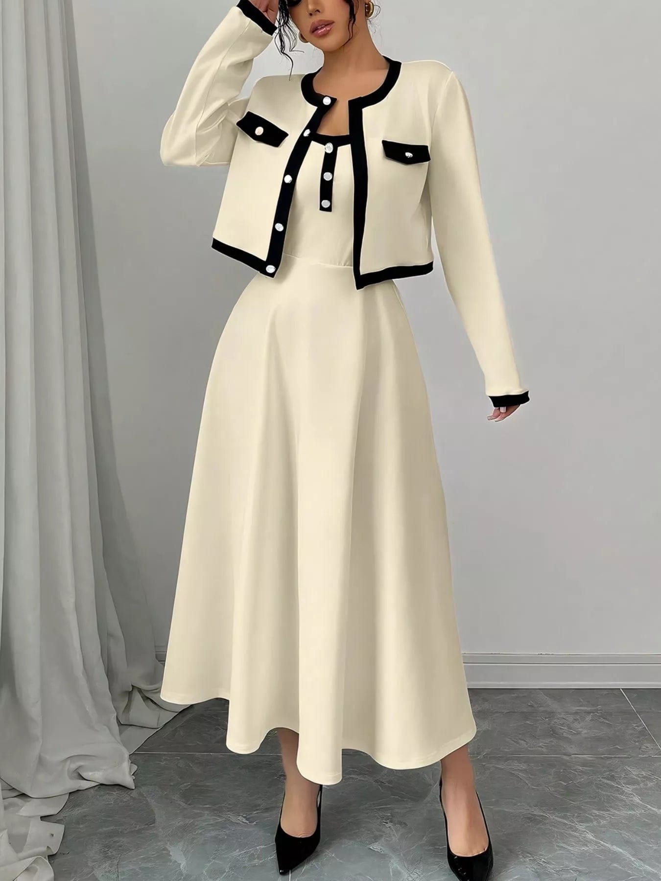 Contrast Trim Maxi Dress Set with Cropped Cardigan - Image 3