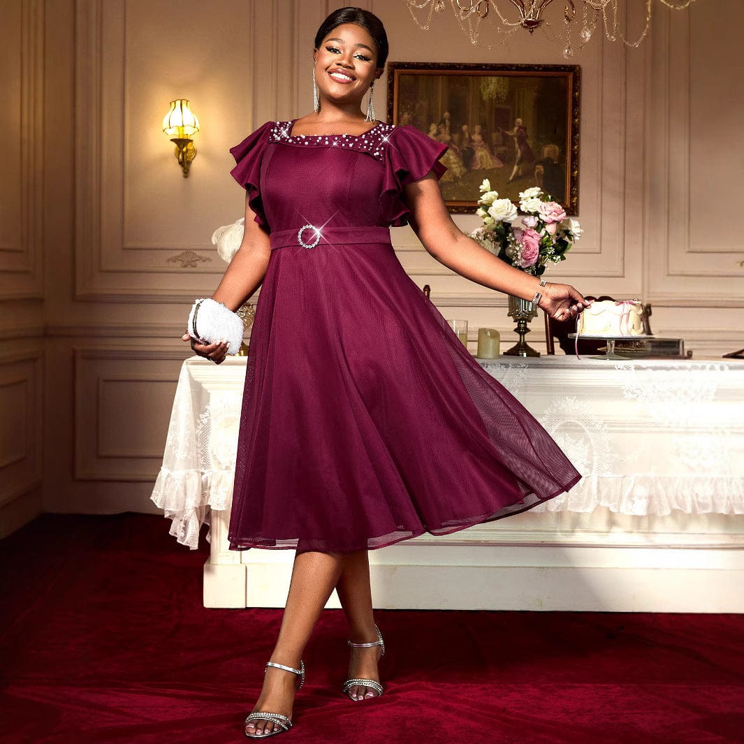 Wine Red Plus Size A-Line Midi Dress Ruffled Sleeves Beaded Socialite Gown - Image 2