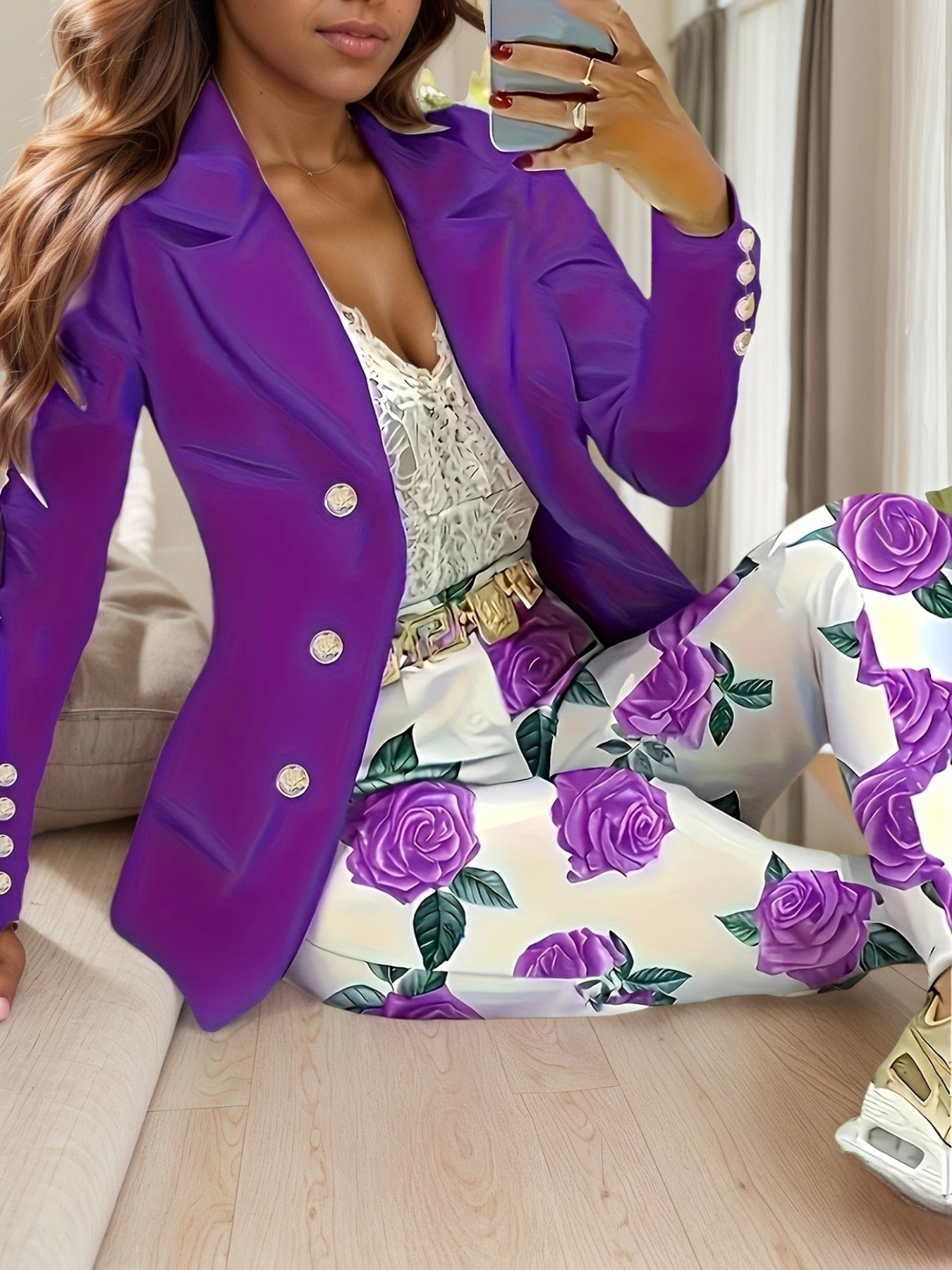 New Elegant And Fashionable Casual Floral Print Set, Double Breasted Purple Suit Jacket And Floral Print High Waisted Slim Pants, Spring And Autumn Women’s Clothing - Image 2