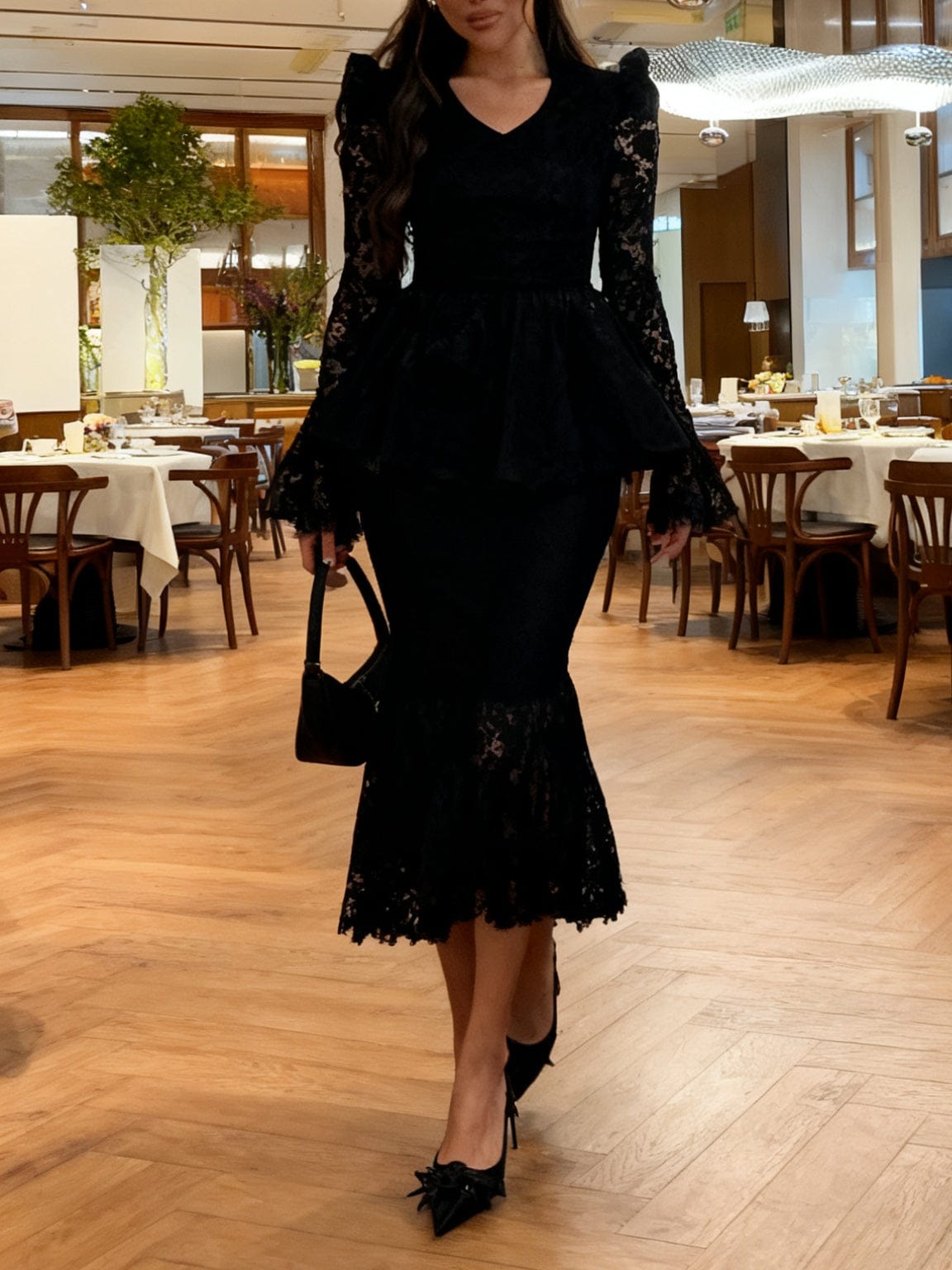 Glamorous Black Lace Peplum Top Set with Midi Skirt - Image 4