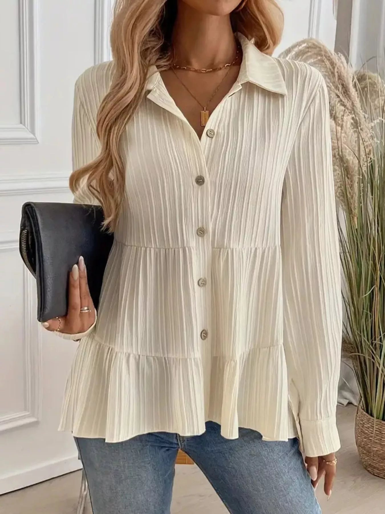 Button-Down Long Sleeve Tiered Shirt for Effortless Style and Versatility - Image 2