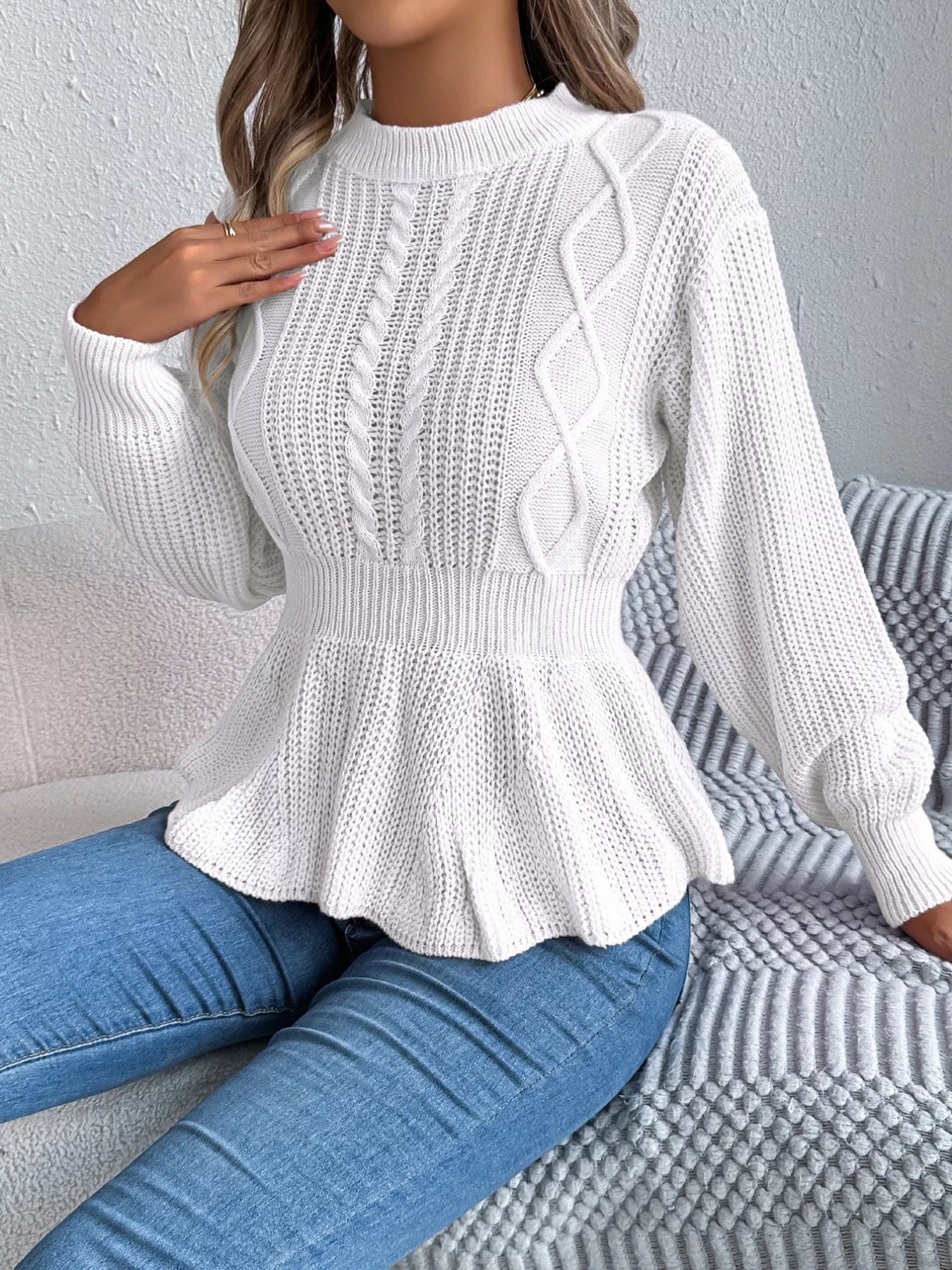 Cable Knit Peplum Sweater with Round Neck Design - Image 2