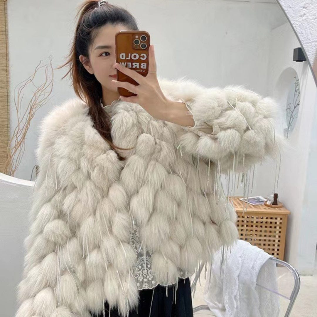 Fox Fur Short Coat with Tassels | Thickening Design for Ultimate Warmth