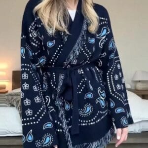 Printed Fringe Cardigan for Chic Layering with Long Sleeves