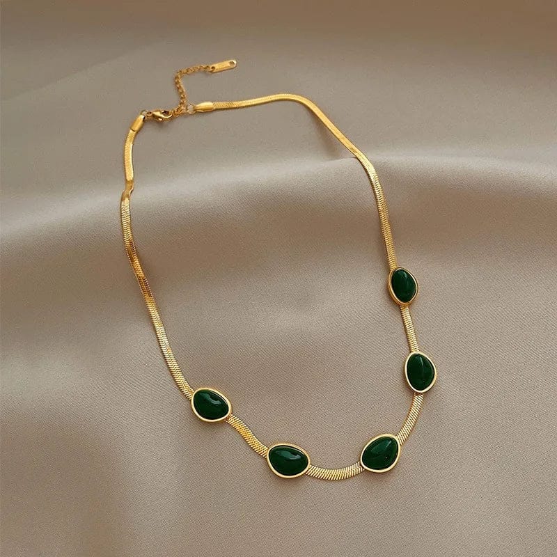 Women’s Green Retro Jewelry Set - Titanium Steel Necklace & Bracelet - Image 5