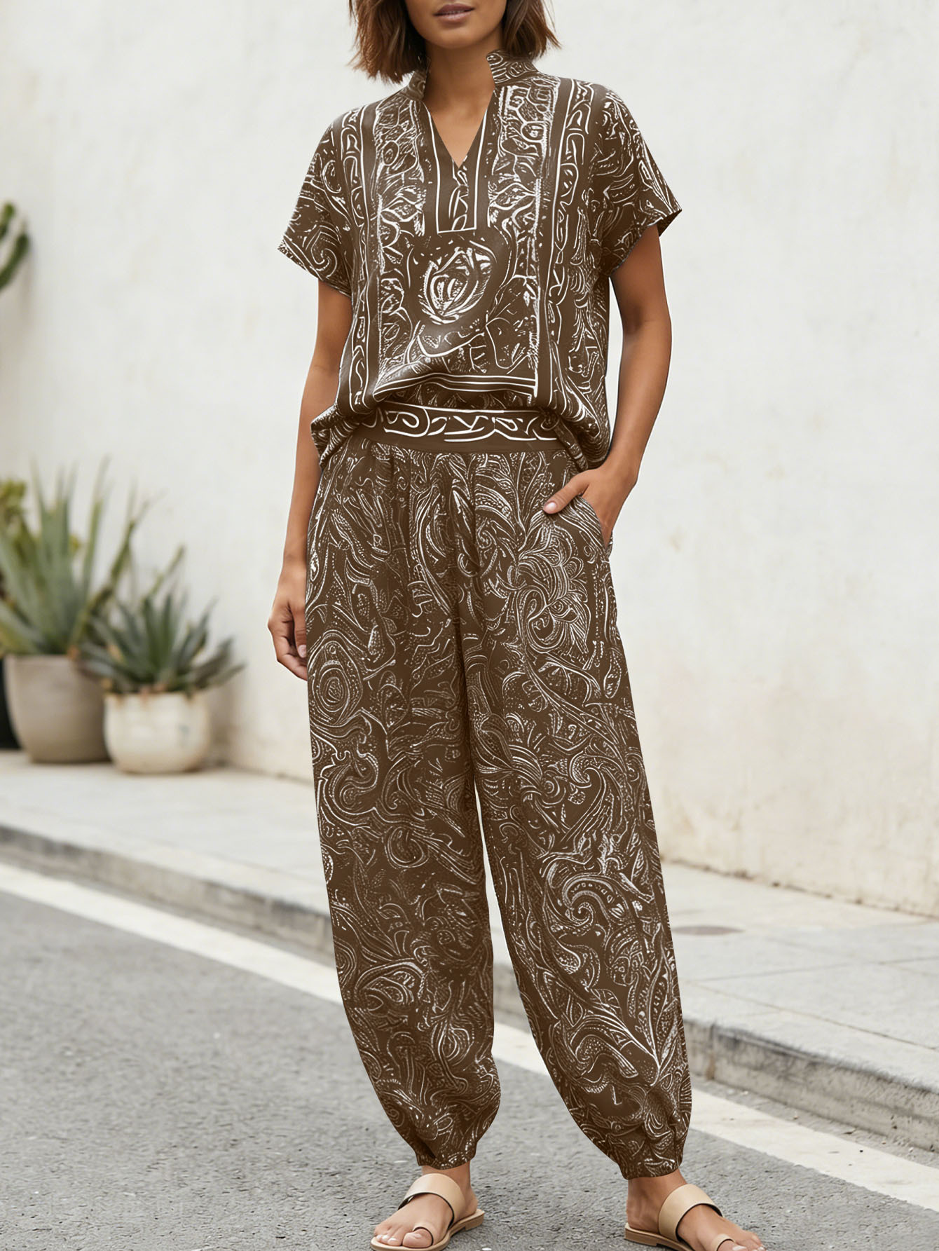 Women’s Ethnic Retro Print Two Piece Set | Vacation Outfit - Image 2