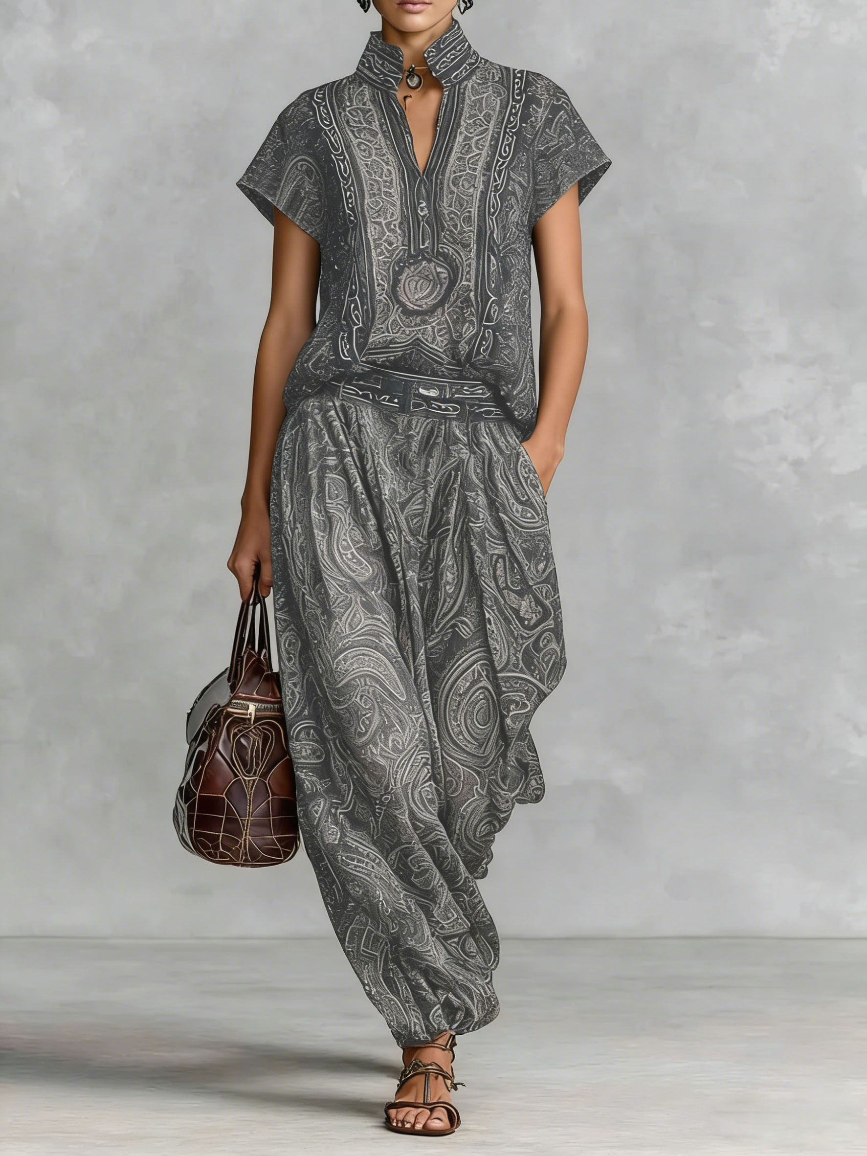 Women’s ethnic retro print two-piece set with stand collar short sleeve top and loose harem pants for casual vacation and resort wear