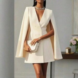 Elegant women’s cape blazer dress with double-breasted front, V-neckline, slim fit, and cape sleeve openings styled for office wear, formal events, cocktail parties, and weddings.