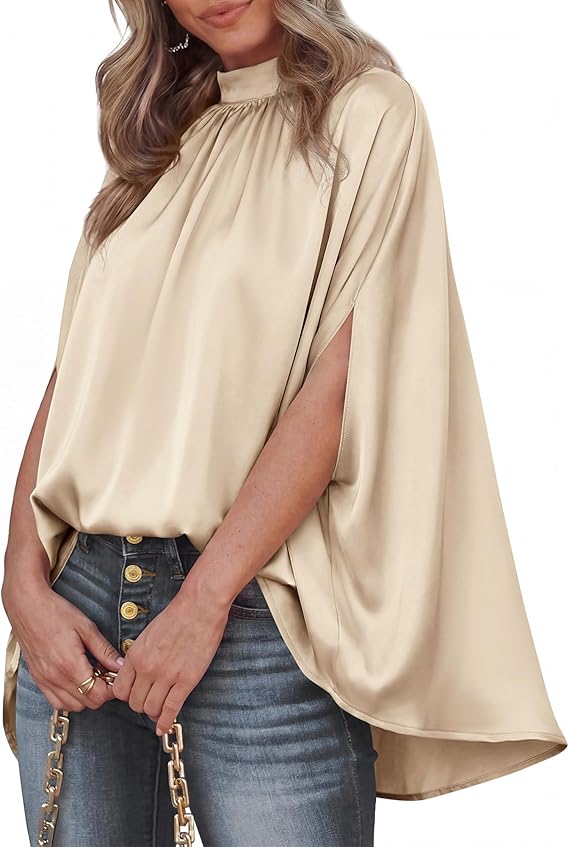 Mock Neck Batwing Cape Silk Satin Blouse BTFBM β Amazon Women's Fashion Summer 2026
