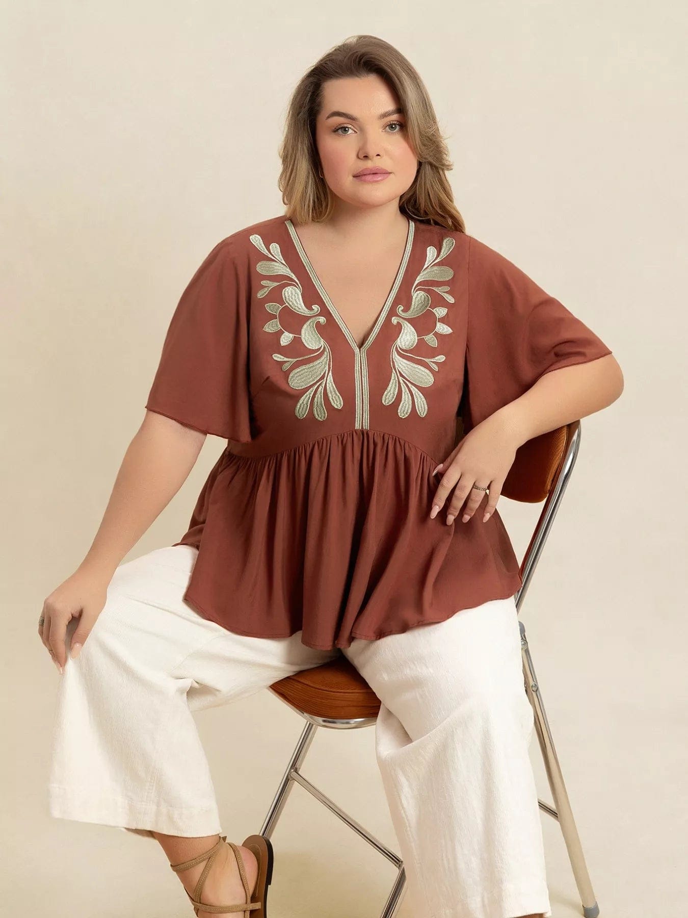 Plus Size Embroidered Blouse with V-Neck and Flutter Sleeves - Image 4
