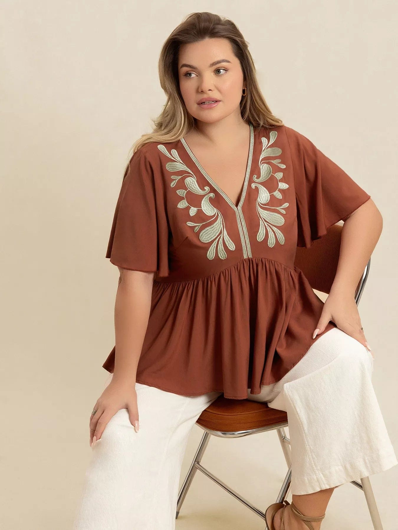 Plus Size Embroidered Blouse with V-Neck and Flutter Sleeves - Image 2