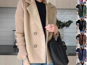 Fashion Splicing Design Coat with Knitted Sleeves