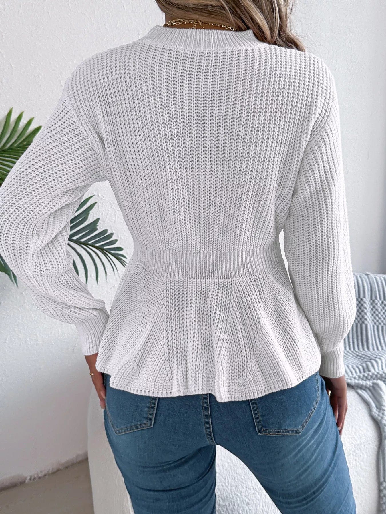 Cable Knit Peplum Sweater with Round Neck Design - Image 3