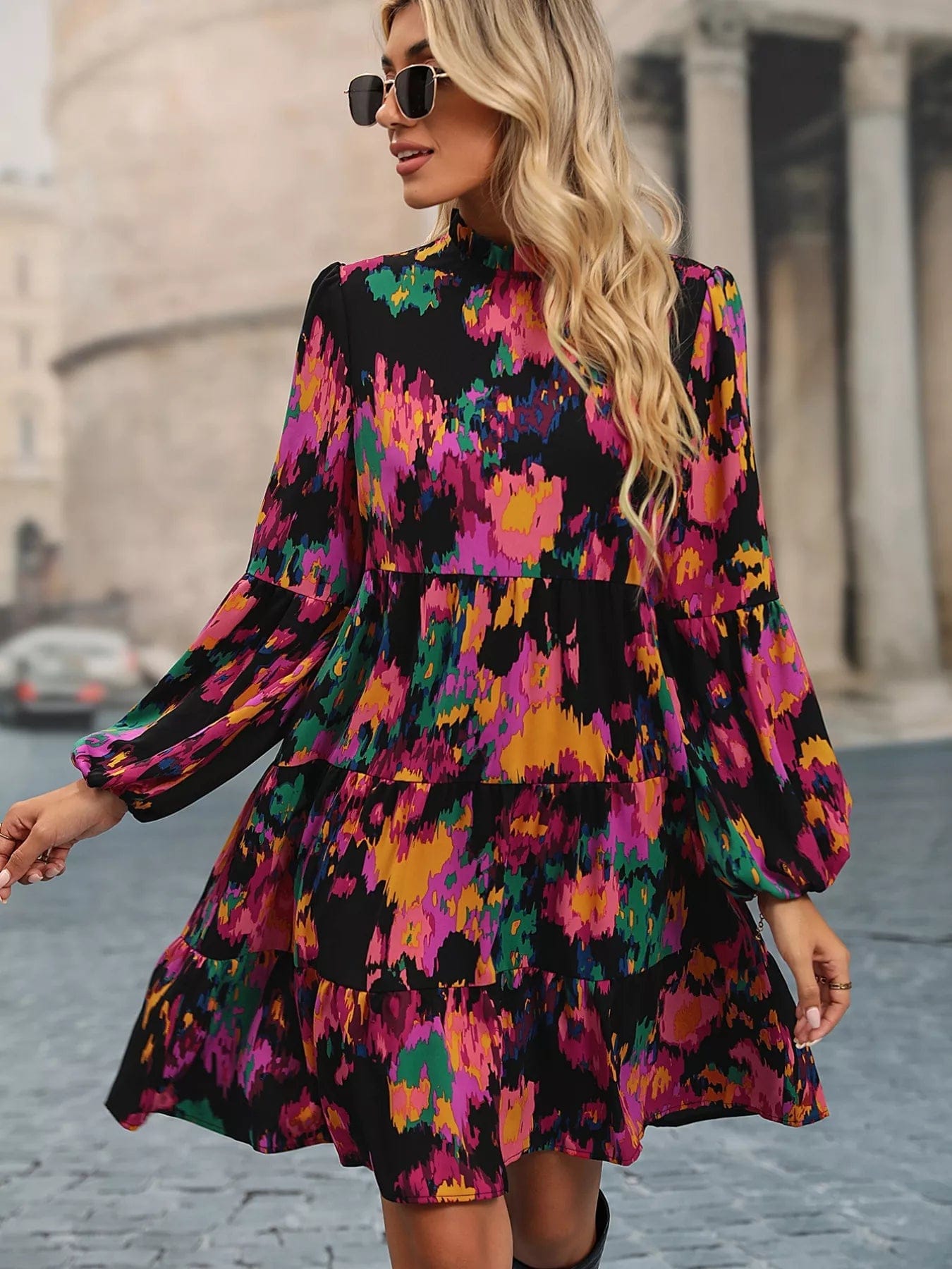 Printed Balloon Sleeve Mini Dress for Effortless Style and Comfort - Image 4