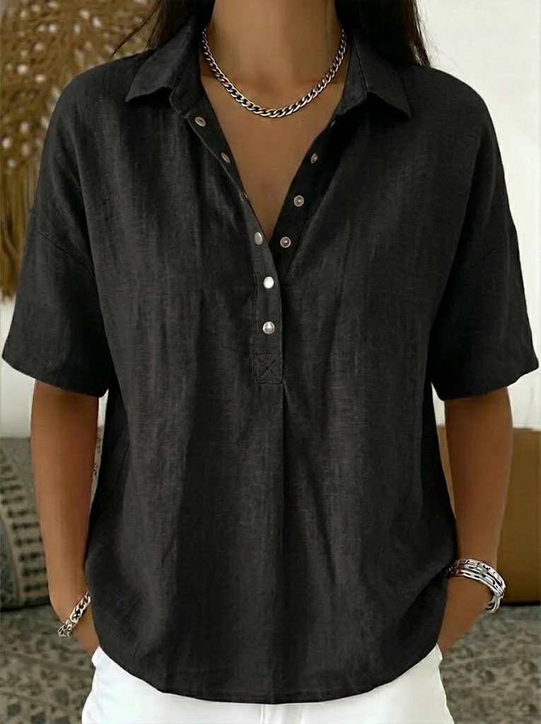 Women’s Elegant Short Sleeve Patchwork Shirt – Solid Color Polyester Blouse - Image 9