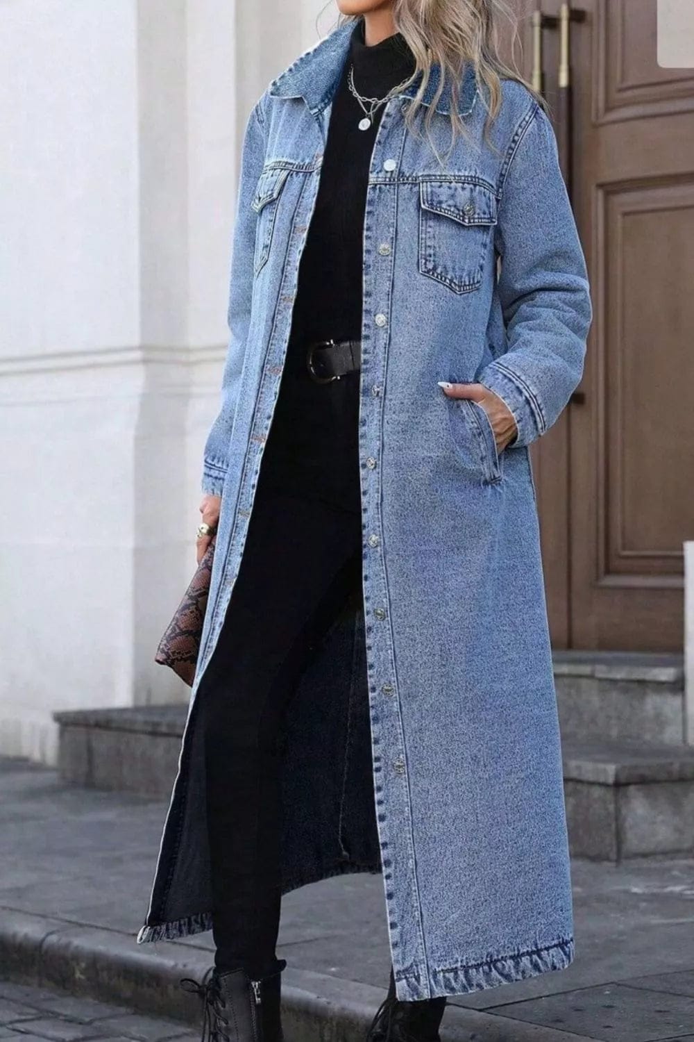 Longline Denim Jacket with Button-Front Design for Stylish Layering - Image 3