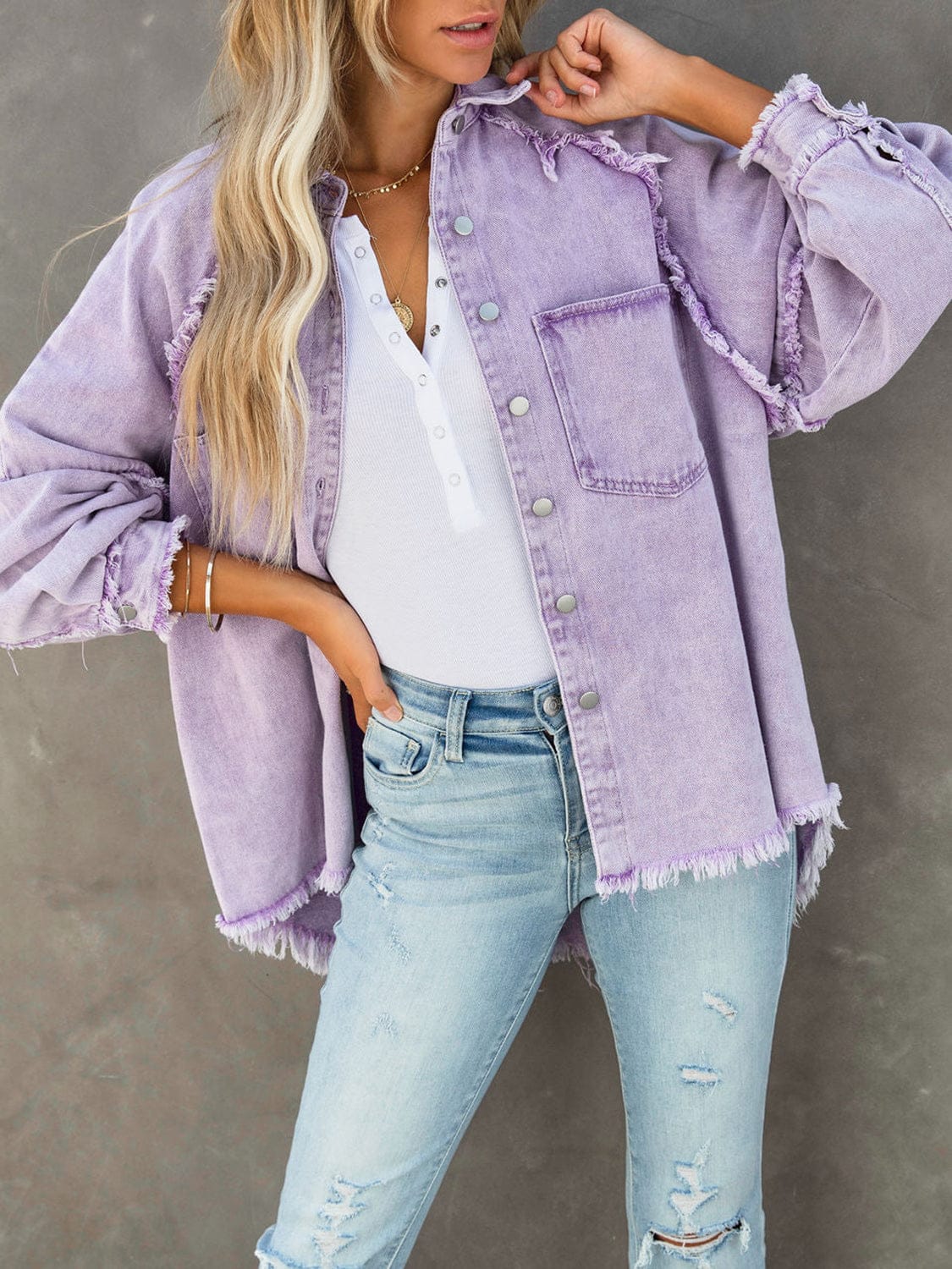 Button Down Denim Jacket with Raw Hem Details - Image 5