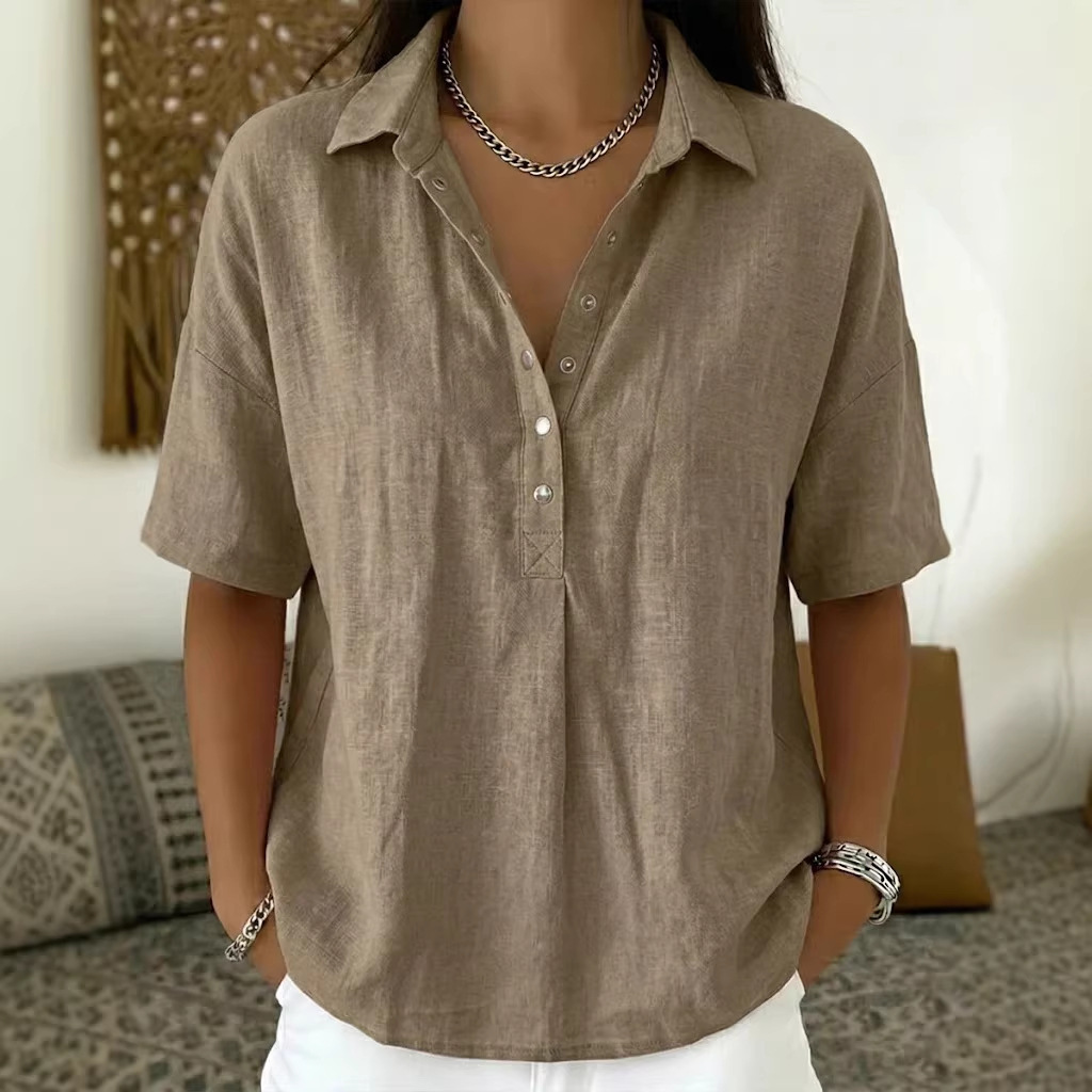 Women’s Elegant Short Sleeve Patchwork Shirt – Solid Color Polyester Blouse - Image 5