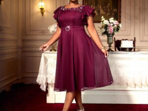 Wine Red Plus Size A-Line Midi Dress Ruffled Sleeves Beaded Socialite Gown