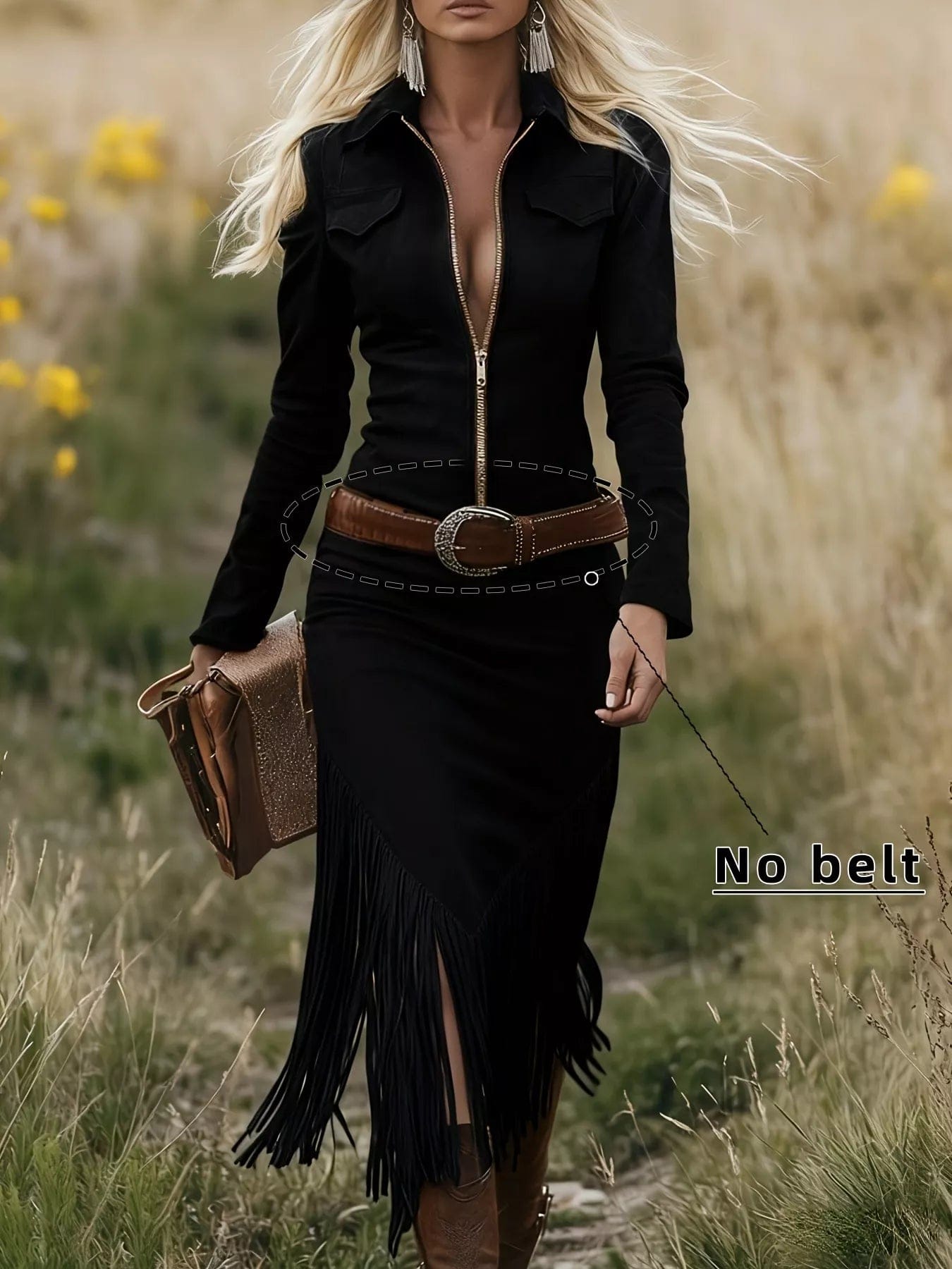 Women’s Fringe Zipper Dress – Chic Polyester Statement Fashion - Image 5