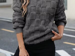 Cozy Checkered Fleece Sweatshirt with Quarter Zip Design