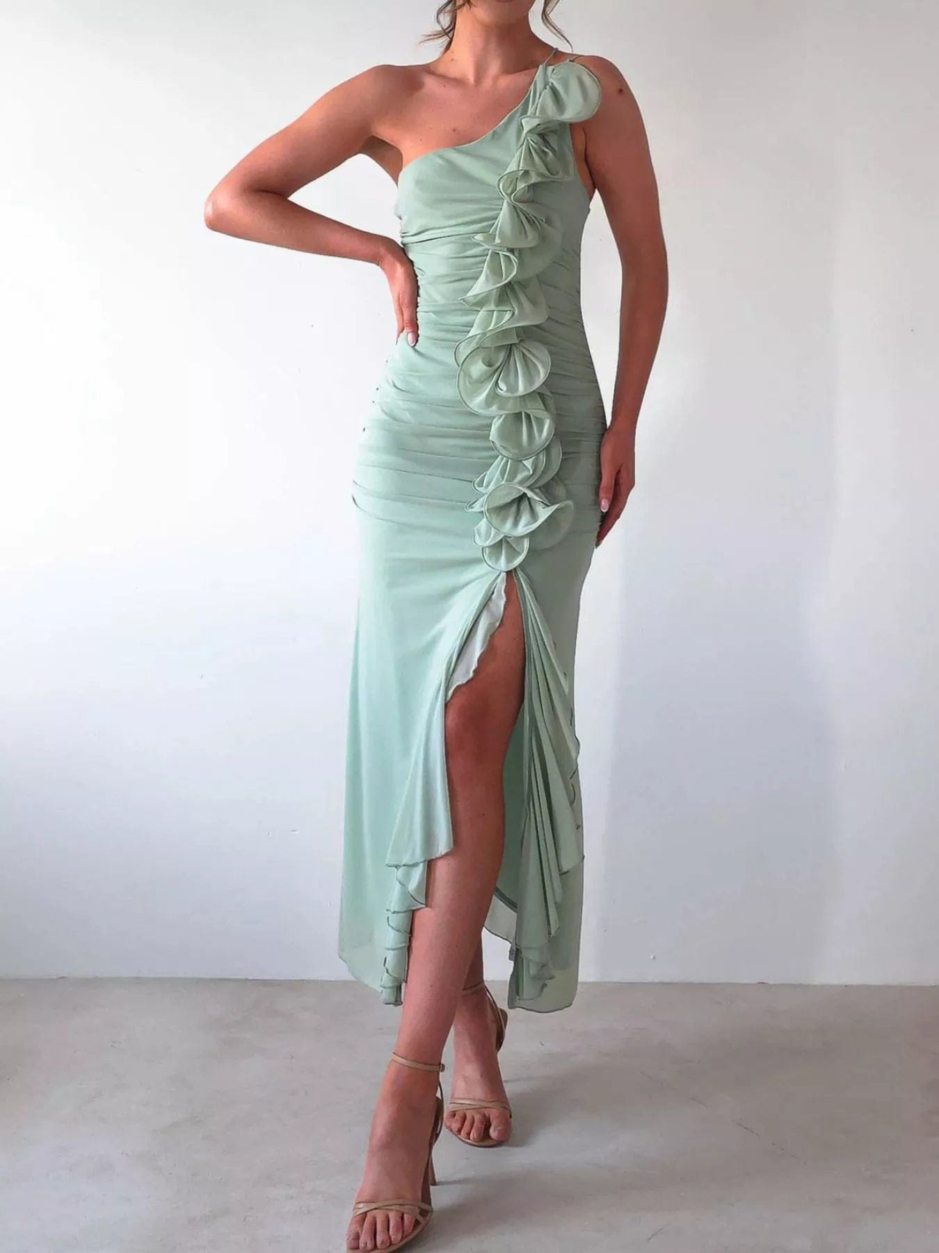 One-Shoulder Ruffle Dress with Slit - Image 2