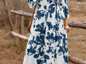 Floral Print Tiered Dress with Button Front Detail