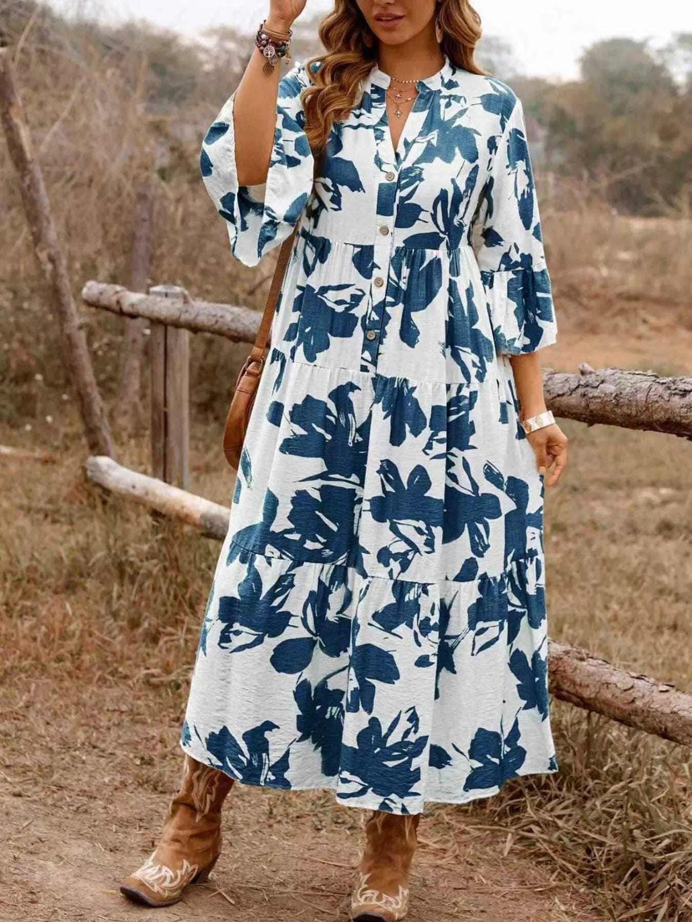 Floral Print Tiered Dress with Button Front Detail
