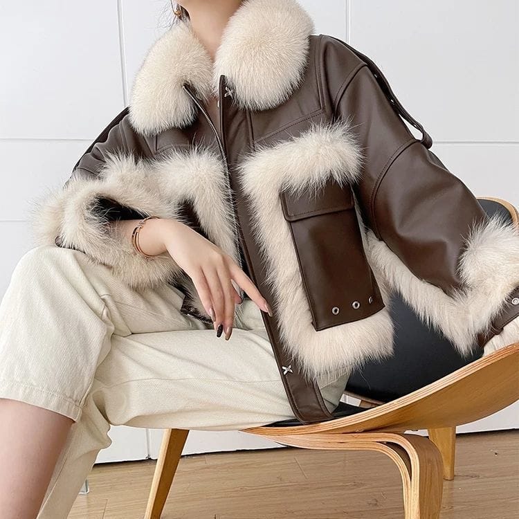 Fox Fur Leather Coat with Elegant Stitching - Image 3