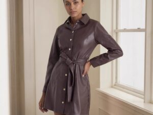 Belted Long-sleeve Leather Coat for Timeless Style