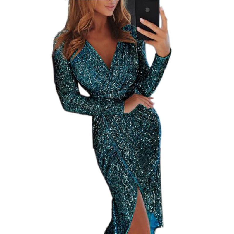 Women’s Deep V-Neck Sequin Dress | Long Sleeve Formal Dress - Image 2