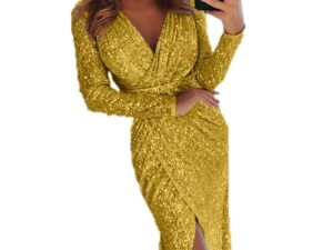 Women’s Deep V-Neck Sequin Dress | Long Sleeve Formal Dress